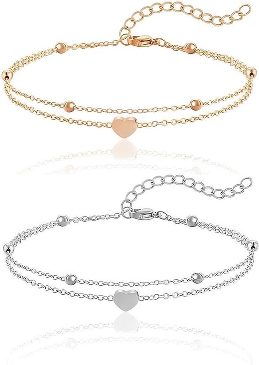 Verstelbaar enkelbandje met hart voor dames - Enkelbandje voor vrouwen - Goud en zilver - Kettinglengte 19 + 7 cm