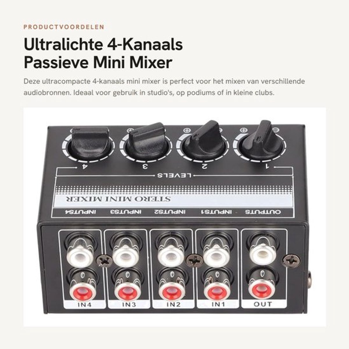 Mini-Mixer Ultralicht - 4-Kanaals Mixer - Draagbare Mixer - Geluidsarme Mixer - Voor Instrumenten/Computers - Schokbestendig Metaal - Geluidsmixer