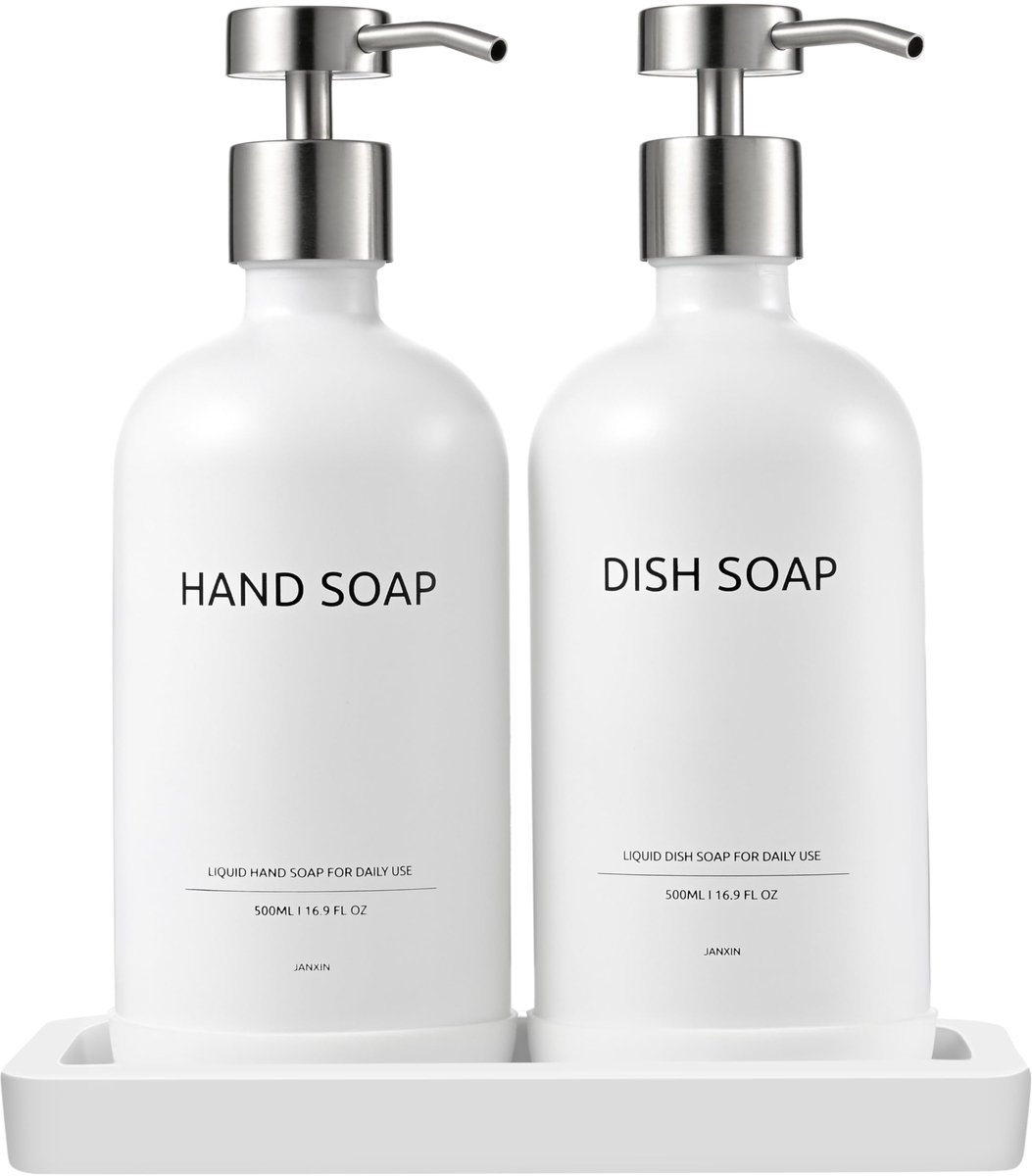 SnelShoppen - Glazen Zeepdispenserset met Dienblad, Zeepdispenser Keukenset voor Keuken en Badkamer, Keramische Lade, Witte Fles met Zilveren Kop, Lux
