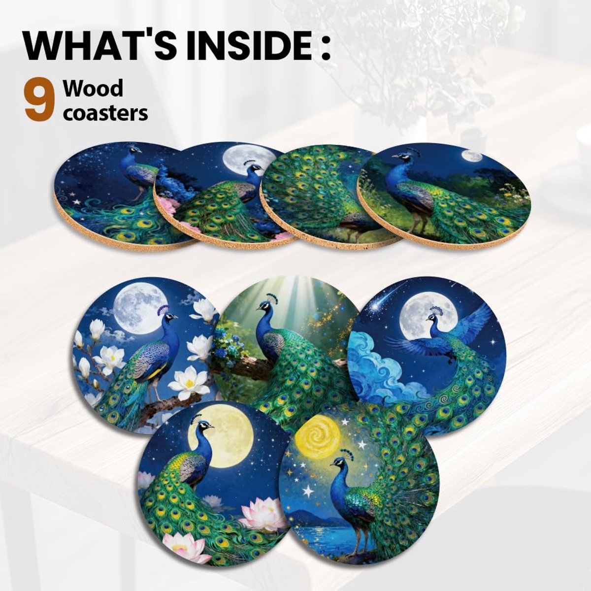 SnelShoppen - Houten Onderzetters Set van 9 - Kleurrijke Pauwen Design - 9,9 cm Ronde Bureauonderzetters voor Dranken - Ideaal voor Thuis, Kantoor, Fe