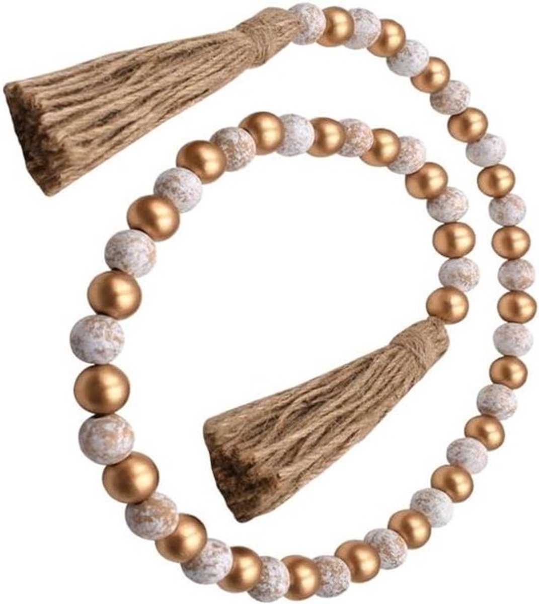 - Houten kralensnoer - Decoratieve houten kralenkrans - Boho huisdecoratie - Wanddecoratie - Kwastjes - Geschikt voor boho-stijl - 1 meter.
