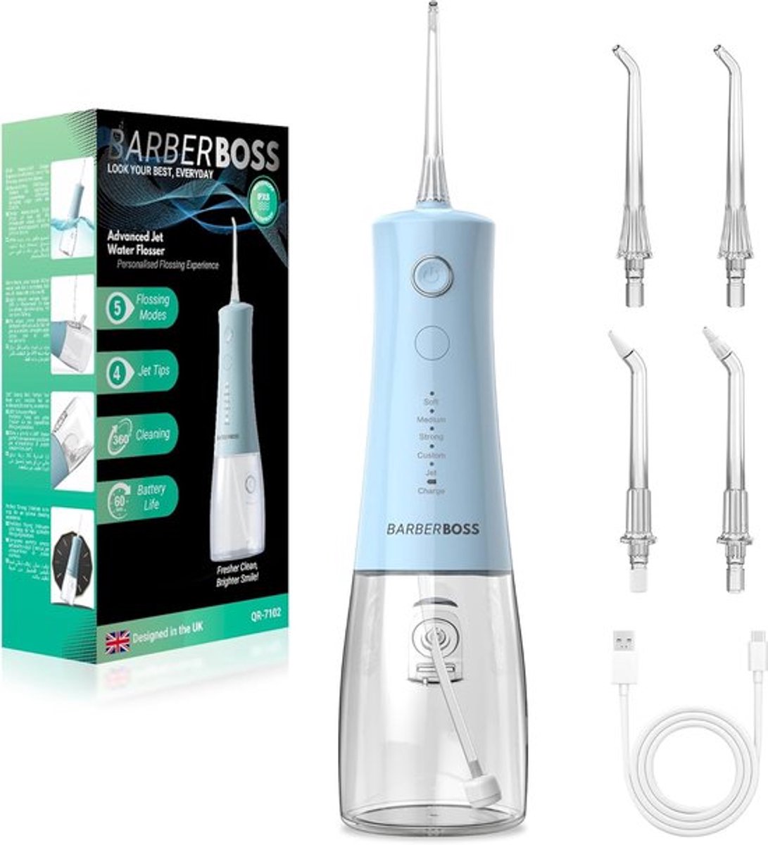 SnelShoppen - Draadloze Elektrische Water Flosser, 5 Drukstanden, IPX8 Waterproof, Portable Mondspoeler voor Tandverzorging, Pastel Blauw, Incl. 4 Tip