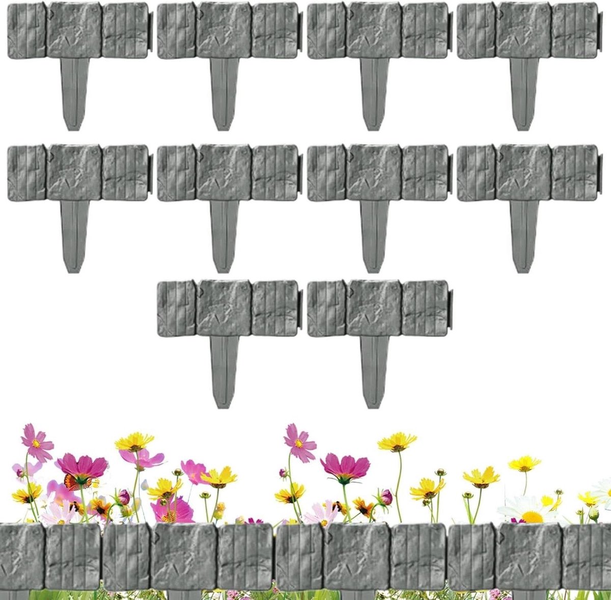 Kunststeen Tuinborder - Decoratieve Steenlook - Tuin Afscheiden - Zonder Graven - 10 Stuks - Grijs