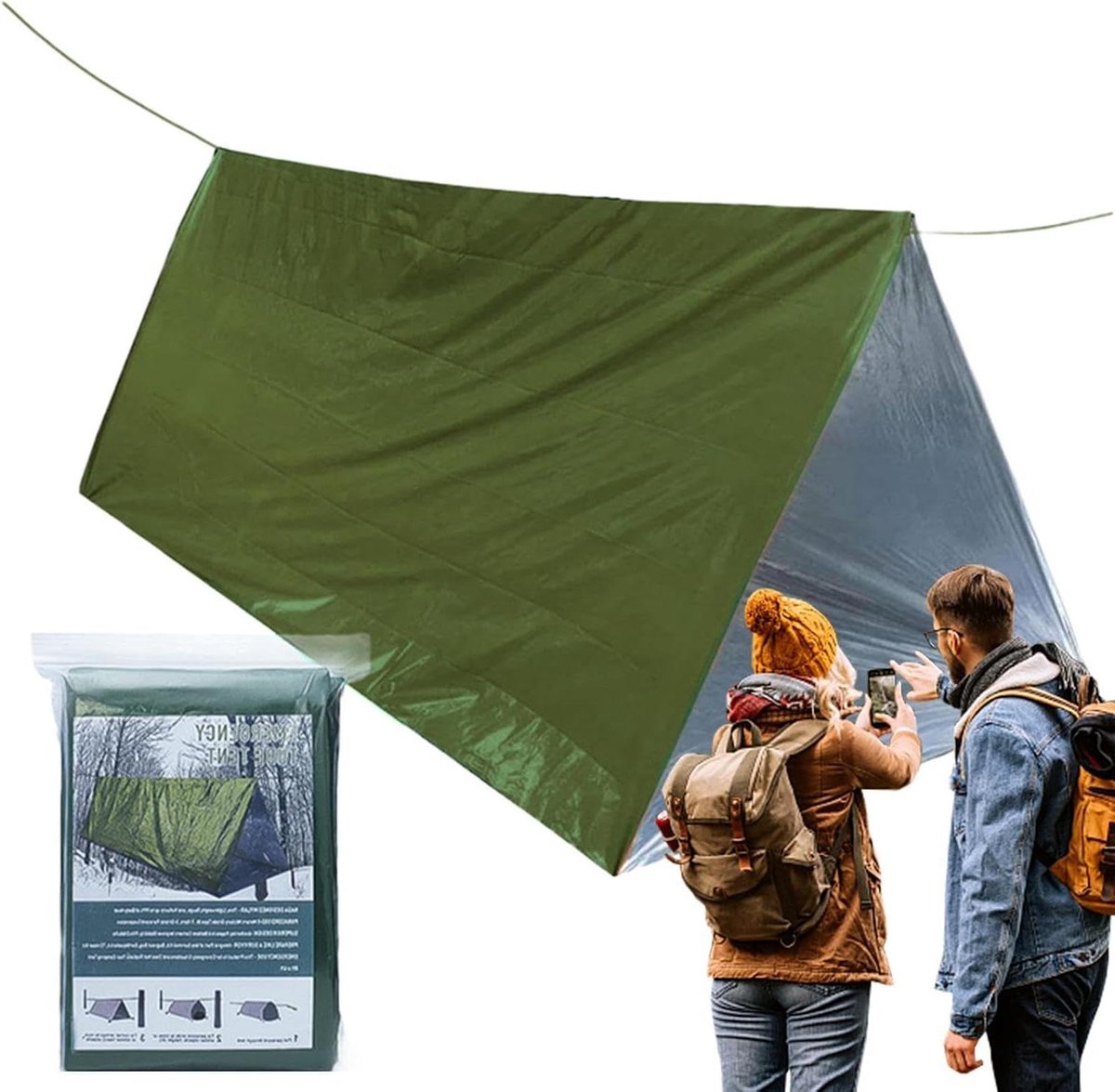 Noodtent - Overlevingstent Thermische deken - Buiten Noodsituaties - Levendige Signaalkleur - 150x237cm - Groen