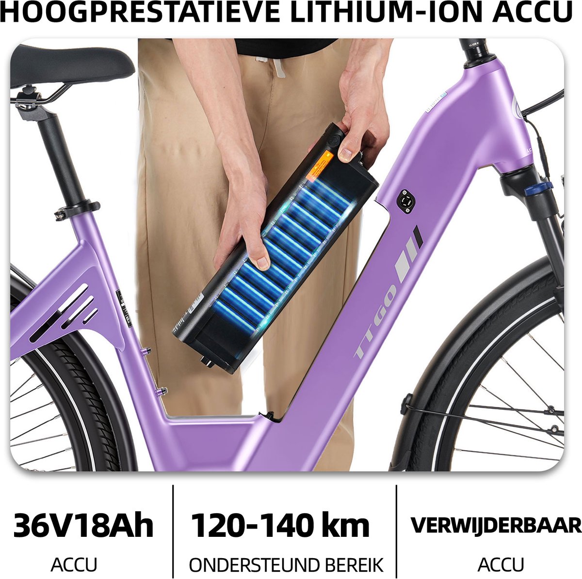 Elektrische Stadsfiets TTGO C7 SE - 28 INCH Banden - 250W Bafang Middenmotor - 36V18Ah Accu - Bereik tot 140km - Shimano 9 Versnellingen - Paars thumbnail 5