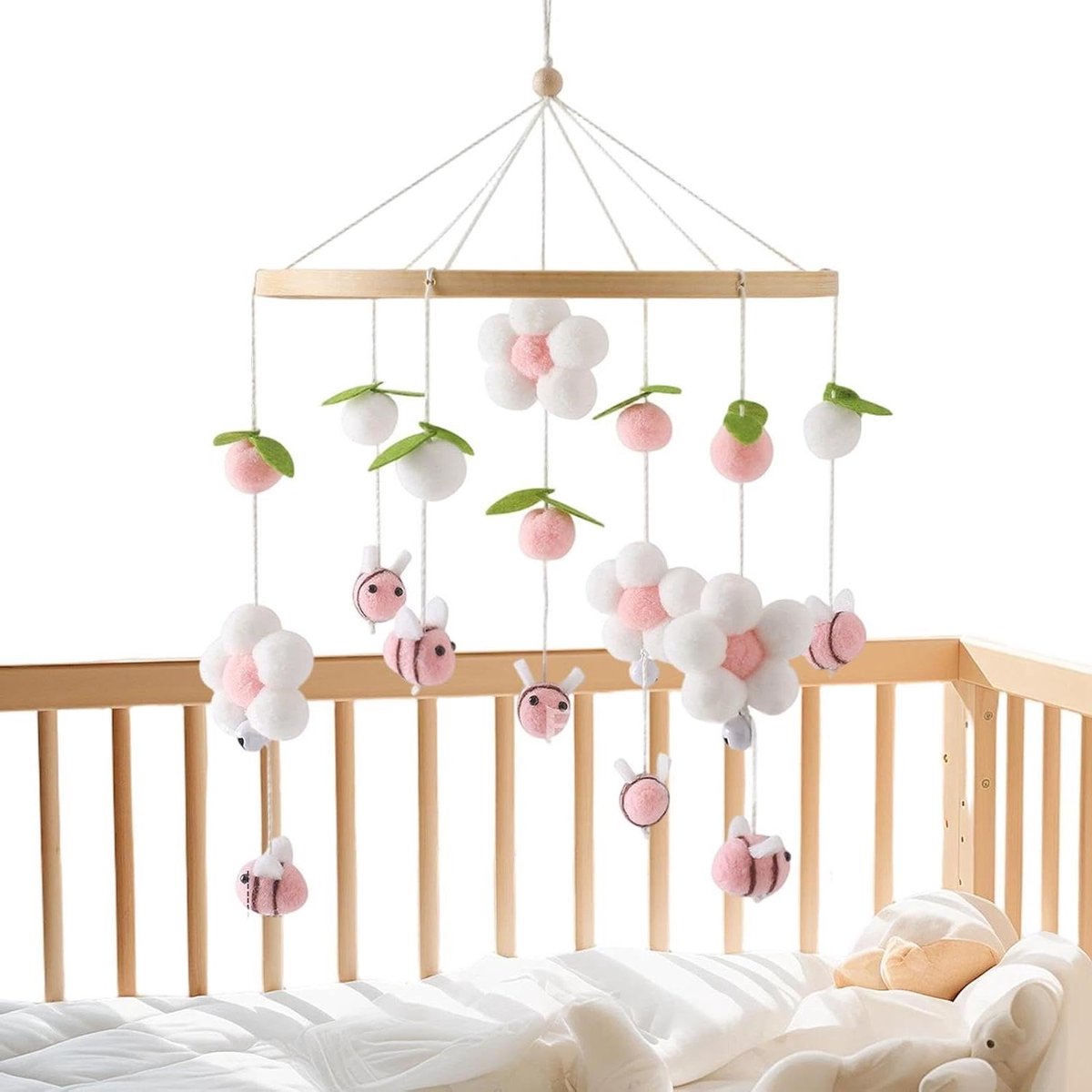 Wieg Mobiel - Baby Mobiel Hout - Babykamer Decoratie - Natuurlijk Houten Ontwerp - 41 x 23 cm - Roze