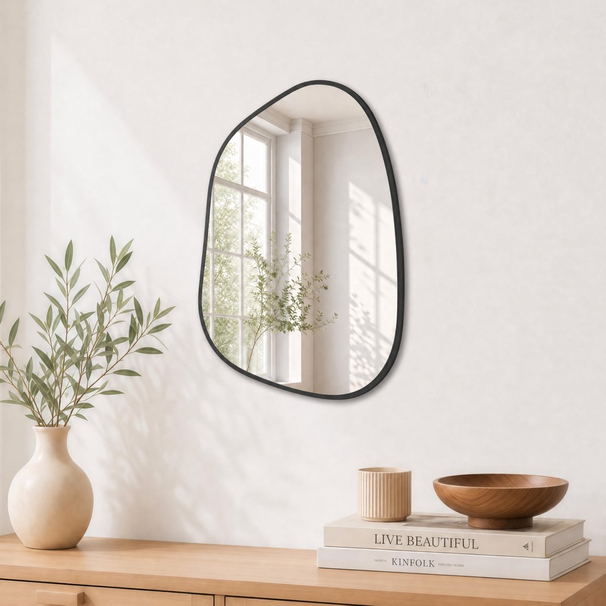 SnelShoppen - Asymmetrische Wandspiegel Zwart 40,6 x 30,5 cm - Moderne Onregelmatige Spiegel voor Badkamer, Slaapkamer, Woonkamer en Entree - Wanddeco