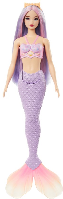 Barbie zeemeerminpop met paarse, geschubde staart en roze top met schelpenmotief. Haar lange haar is paars en roze, en ze draagt een gouden kroontje.
