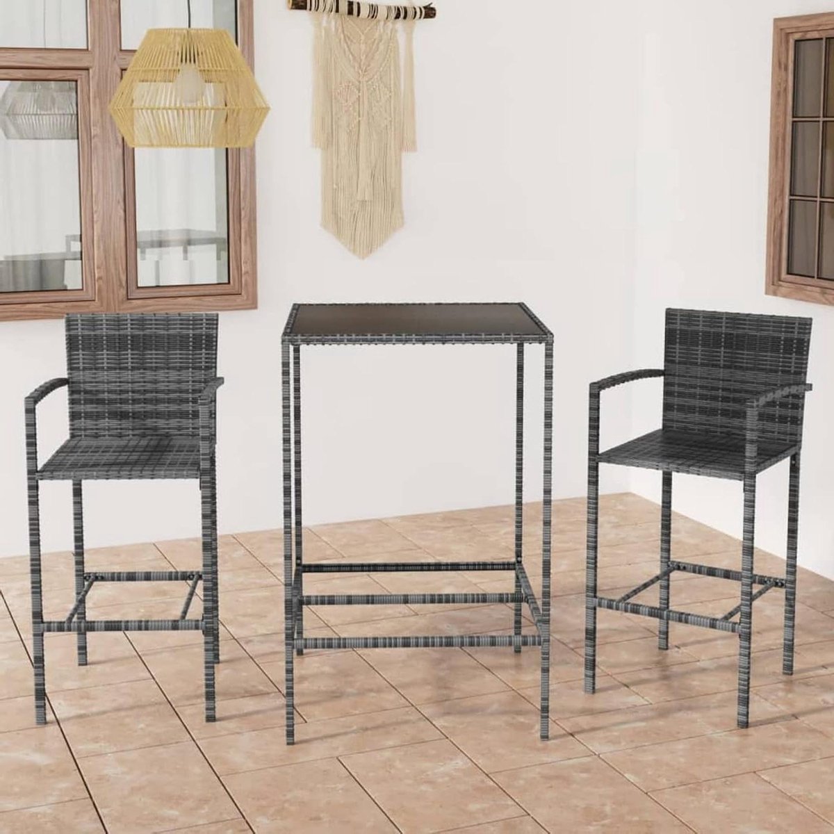 Tuin Bar Set - Buitenmeubels Terras - Ontspannen Buiten - Waterbestendig PE Rotan - 3-delig - Grijs