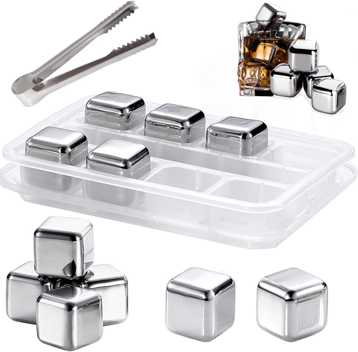 SnelShoppen - 8 stuks Whiskykoelstenen, Herbruikbaar IJsblokjesvorm, Roestvrij Staal, Ideaal voor Feest, Camping, Keuken, Giftset in Luxe Box