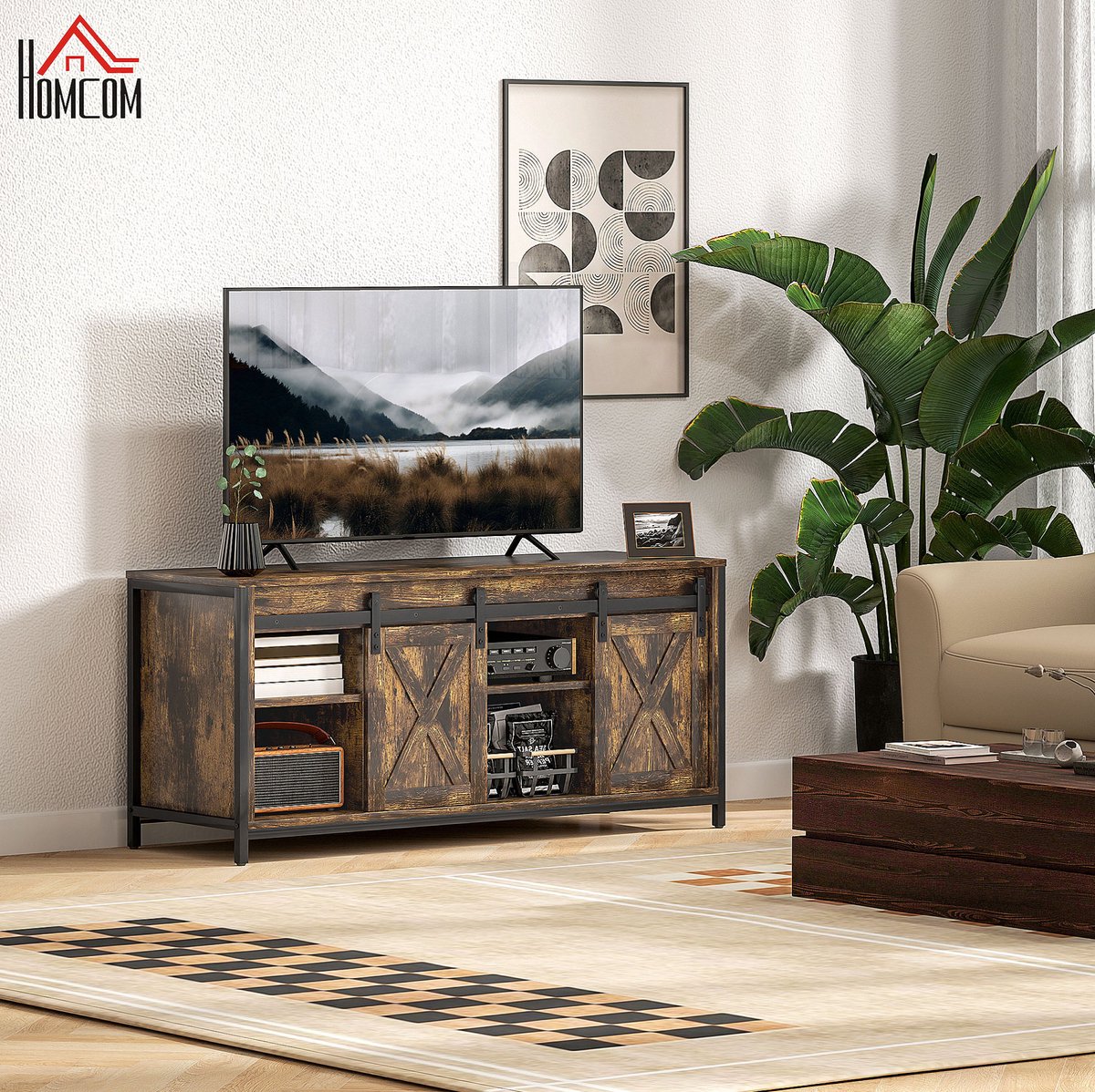 Stilvora TV Meubel - Industrieel Lowboard Met Schuifdeuren En Opbergvakken - Voor Woonkamer En Tv Tot 60 Inch - Bruin - 120x40x54 Cm