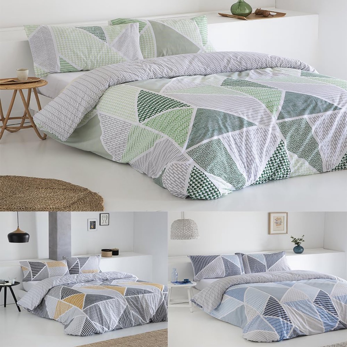 SnelShoppen - Omkeerbaar COTTON ARTean Dekbedovertrek 200x200 cm, groen, knoopsluiting, 50% katoen, 50% polyester, inclusief 2 kussenslopen voor bed 2