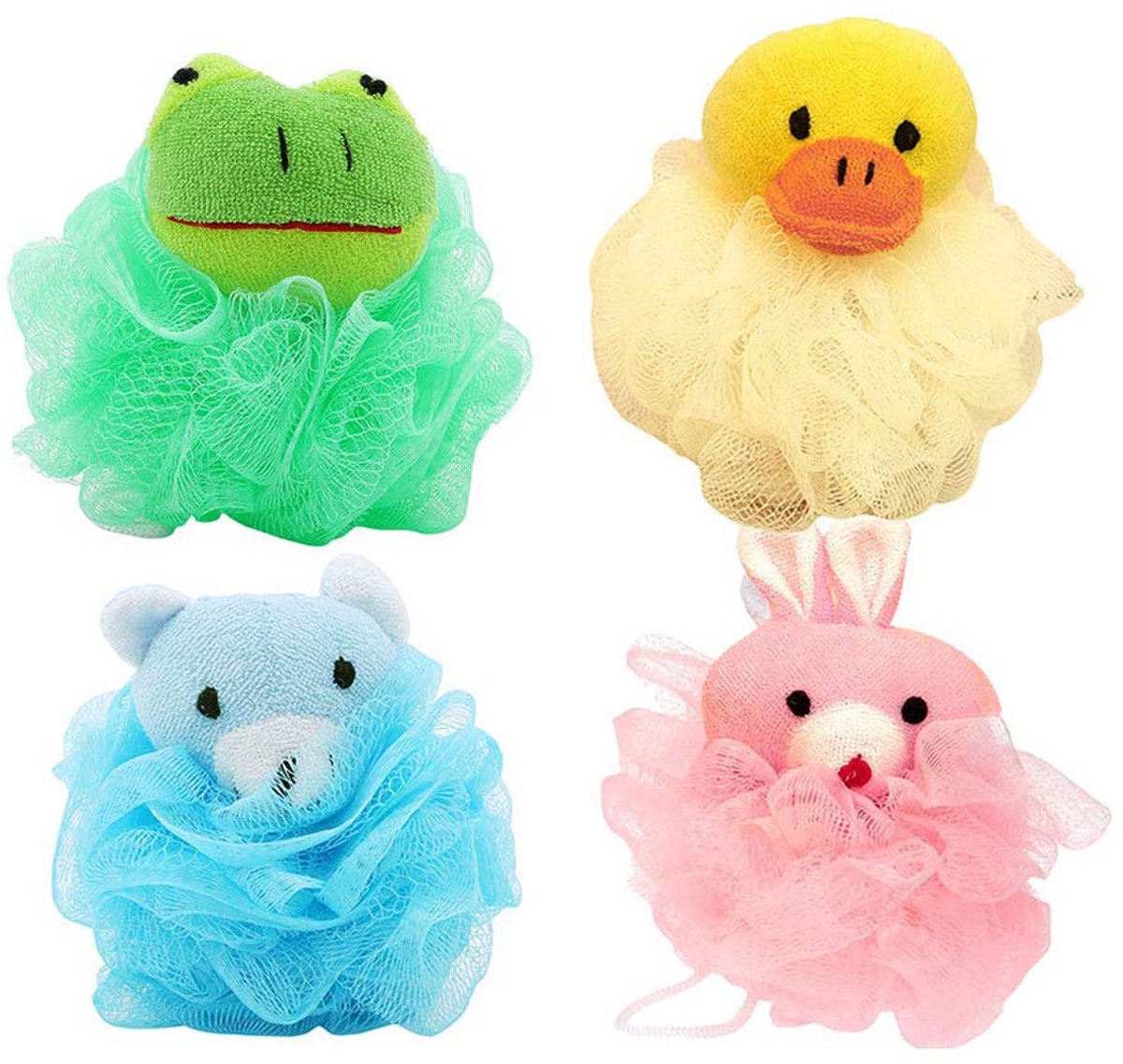 SnelShoppen - 4 Delige Badspons voor Kinderen - Schattige Dieren Loofahs - Kleurige Mesh Bad Douchespons - Perfect voor Kinderen - Badaccessoires voor