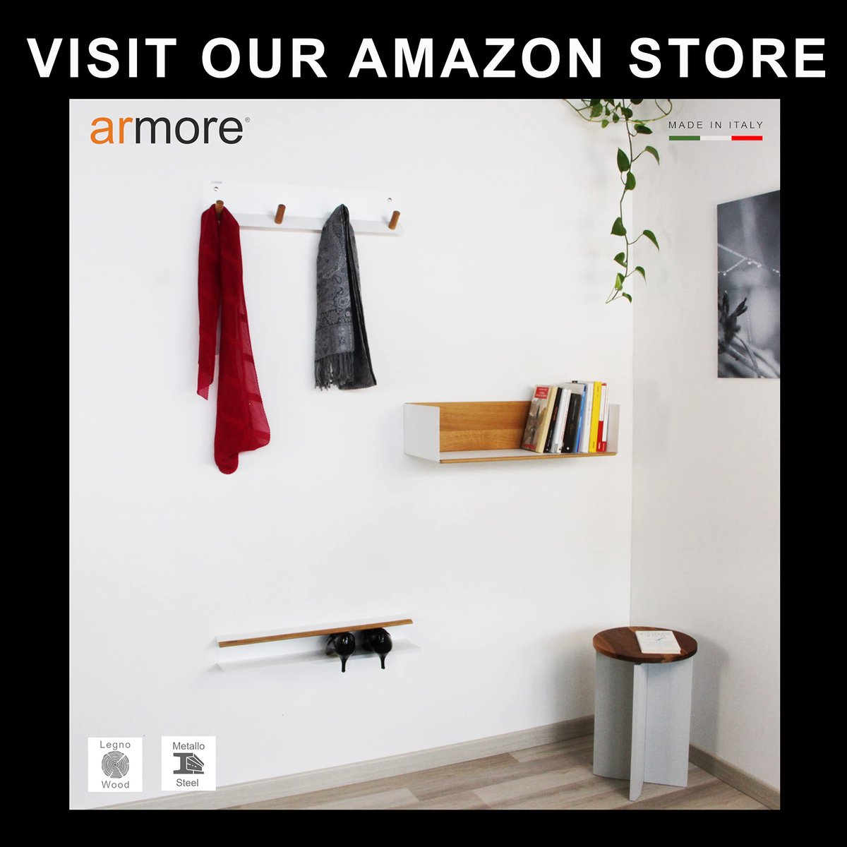 SnelShoppen - Modern Armore Schoenenrek - Ruimtebesparend Wandrek voor Maximaal 3 Paar Schoenen - Wit Metaal en Hout met Kijkplank - Smal Design voor