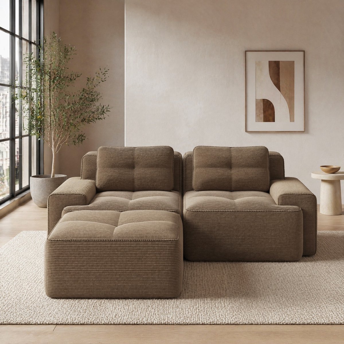COVREO Hoekbank 204 x 177 x 69 cm - bruin corduroy, modulair, 2-zits met ottoman