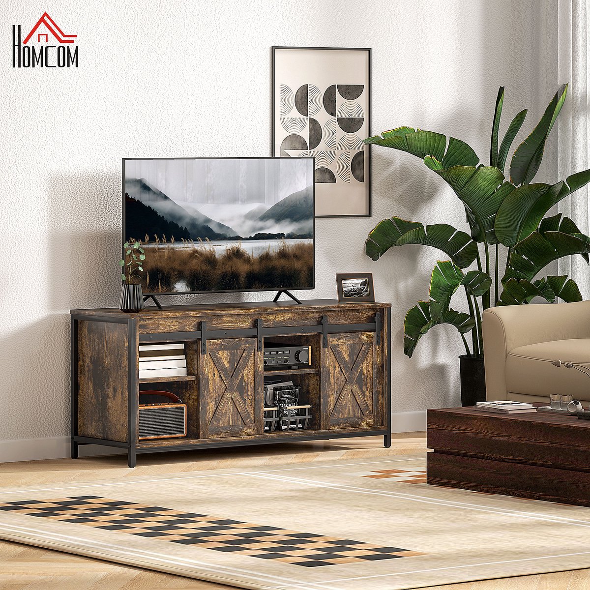 OKWISH Televisiemeubel - Industrieel - 2 Schuifdeuren - Veel Opbergruimte - Met Kabeldoorvoer - Plywood Bruin - 120 x 40 x 54 cm