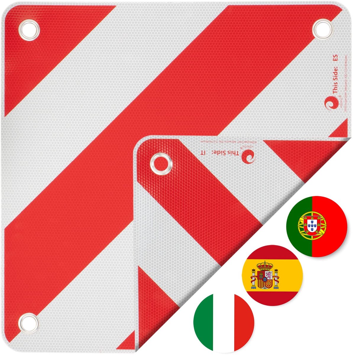 SnelShoppen - Valonic Waarschuwingsbord 3in1 voor Italië, Spanje en Portugal - 50x50cm Reflecterend voor Camper, Caravan, Fietsendrager, Achterdrager