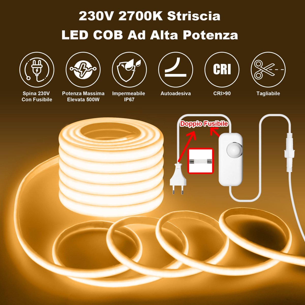 SnelShoppen - Gliztech IP67 Waterdichte COB-ledstrip 30 m - Superheldere, Zelfklevende LED Lichtstrip voor Buiten - Warmwit 2700 K - Perfect voor Tuin