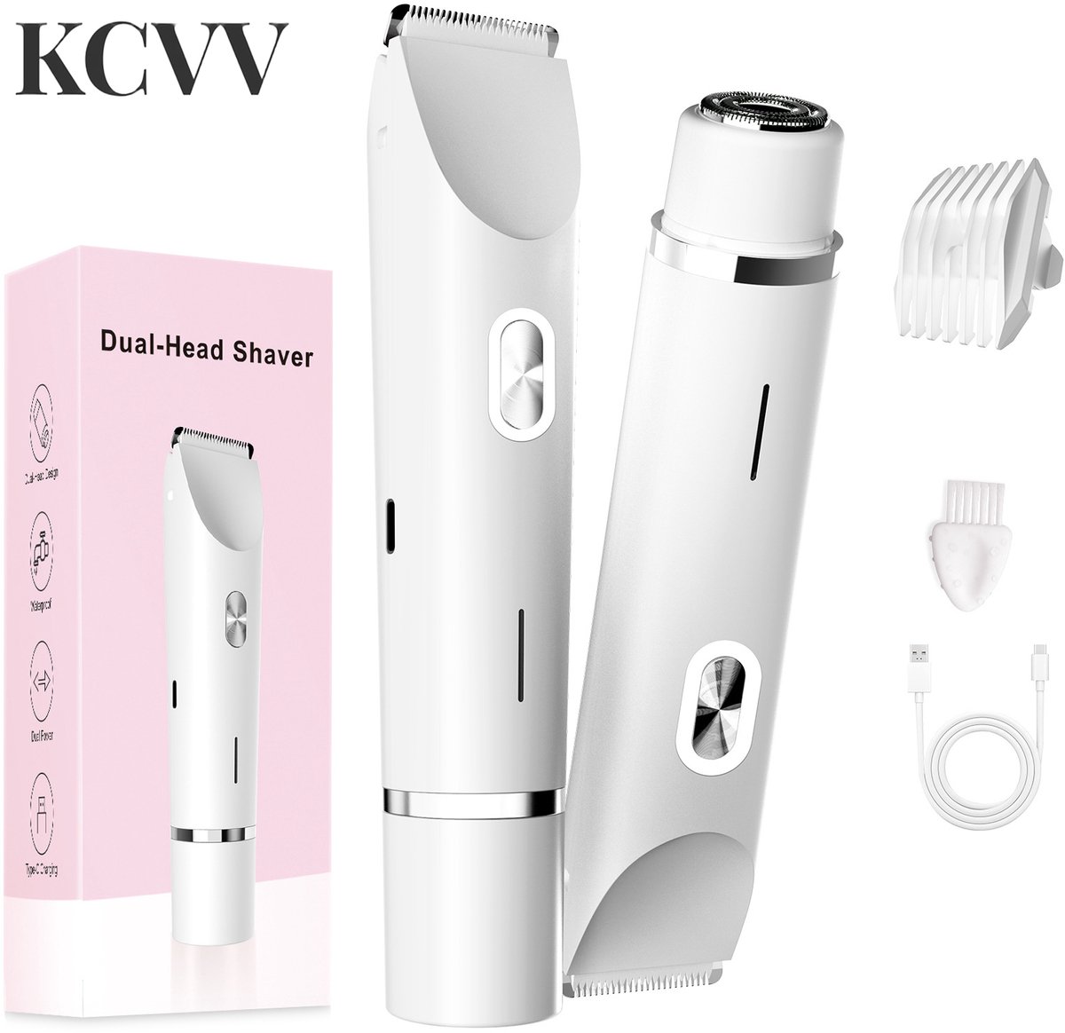 Scheerapparaat vrouw-scheerapparaat dames-ladyshave-Bikini trimmer voor dames - 2-in-1 elektrisch scheerapparaat voor vrouwen - Bikini scheerapparaat - 120 minuten draadloos gebruik - Wit - 15x3,7 cm