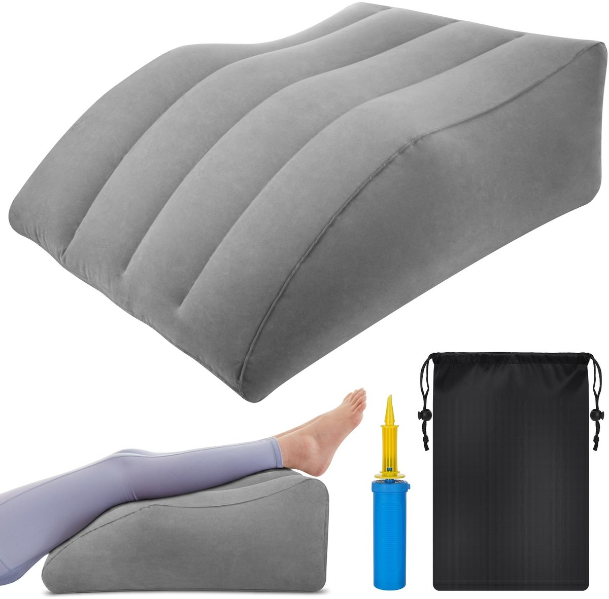 Dailygoods- Beenverhogingskussen Opblaasbaar - Ergonomisch Kussen - Draagbaar met Opbergtas - Zacht Gevlokt Stof - 63x50x24 cm - Beensteunkussen