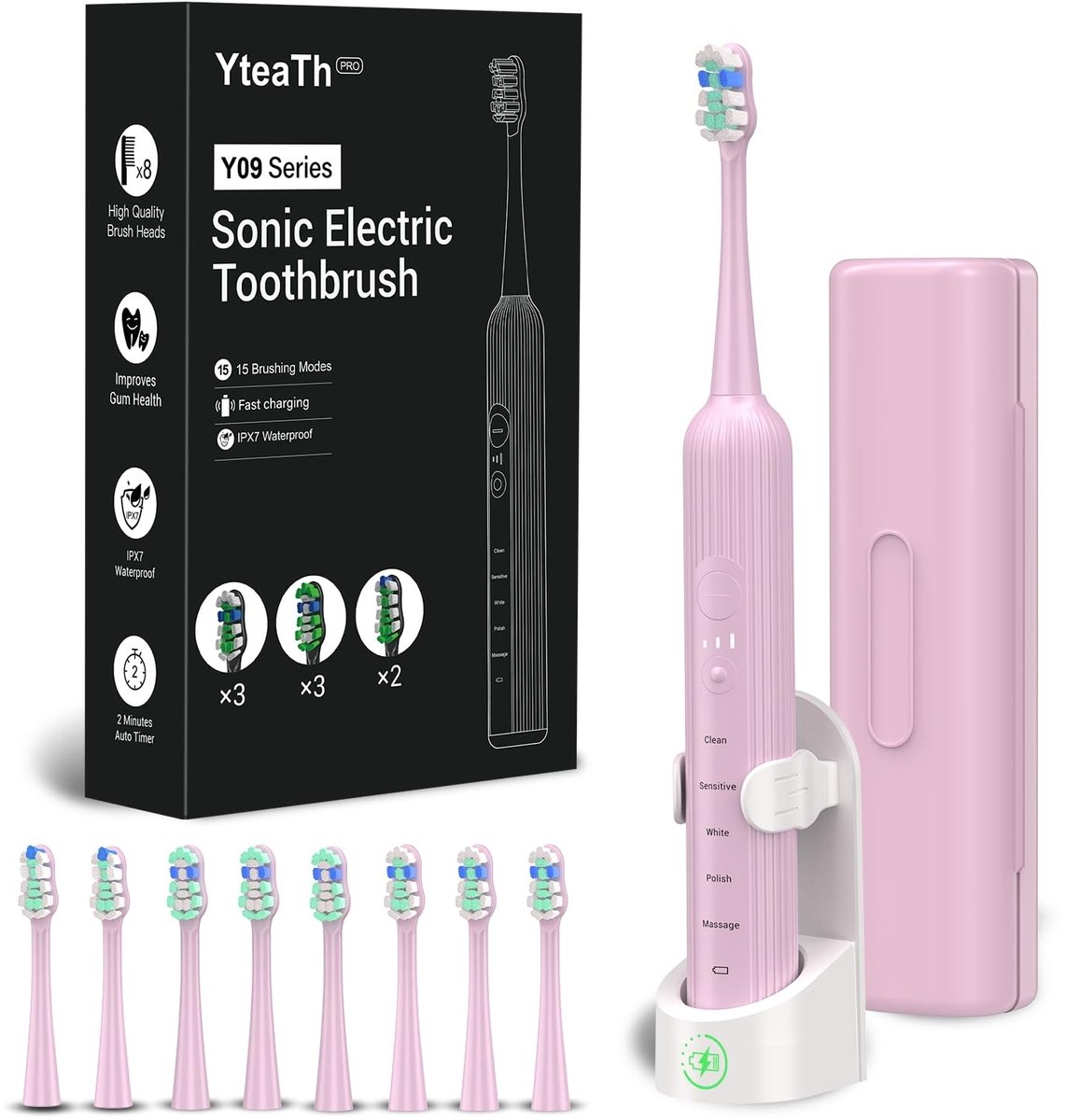 Dailygoods- Elektrische Tandenborstel 5 Reinigingsmodi - 3 Intensiteitsniveaus - 8 Opzetborstels - Geïntegreerde Timer - Reisetui - Roze