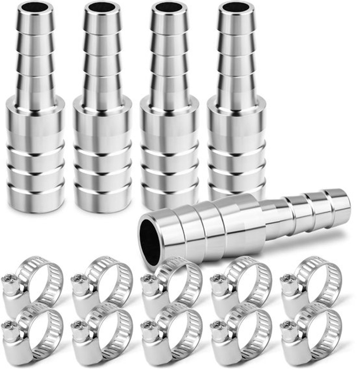 Slangverbinder 5 Stuks - Roestvrij Staal - Slangkoppeling 25mm naar 8mm - Slangstuk voor Water/Brandstof/Lucht - Slangklemmen - Hoogwaardige Kwaliteit
