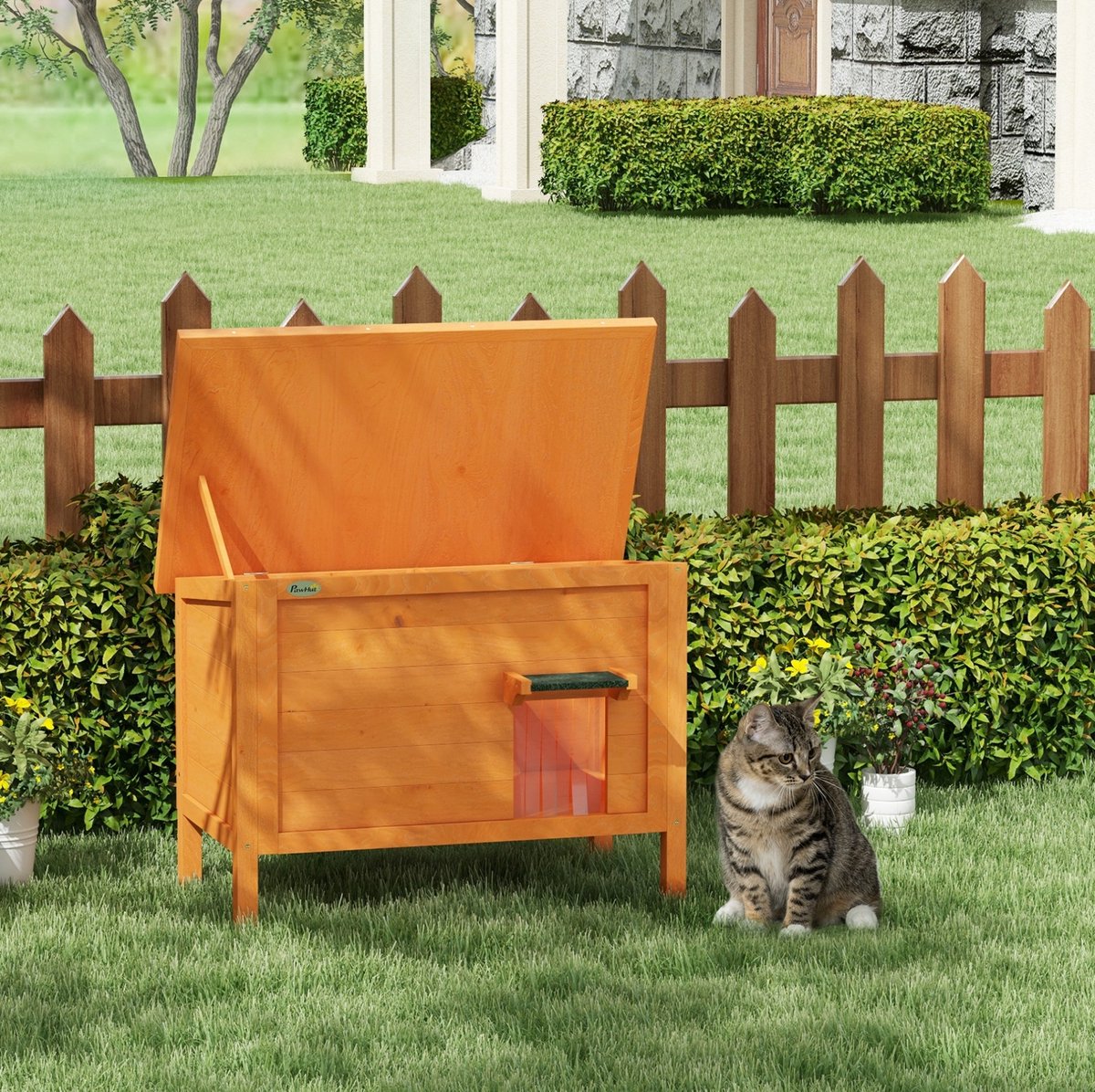 MIVRAY Katzenhuis – Geïsoleerd En Verhoogd – 85 x 50 x 68,5 cm – Massief Hout – Oranje – Buiten Voor 1 Tot 2 Katten