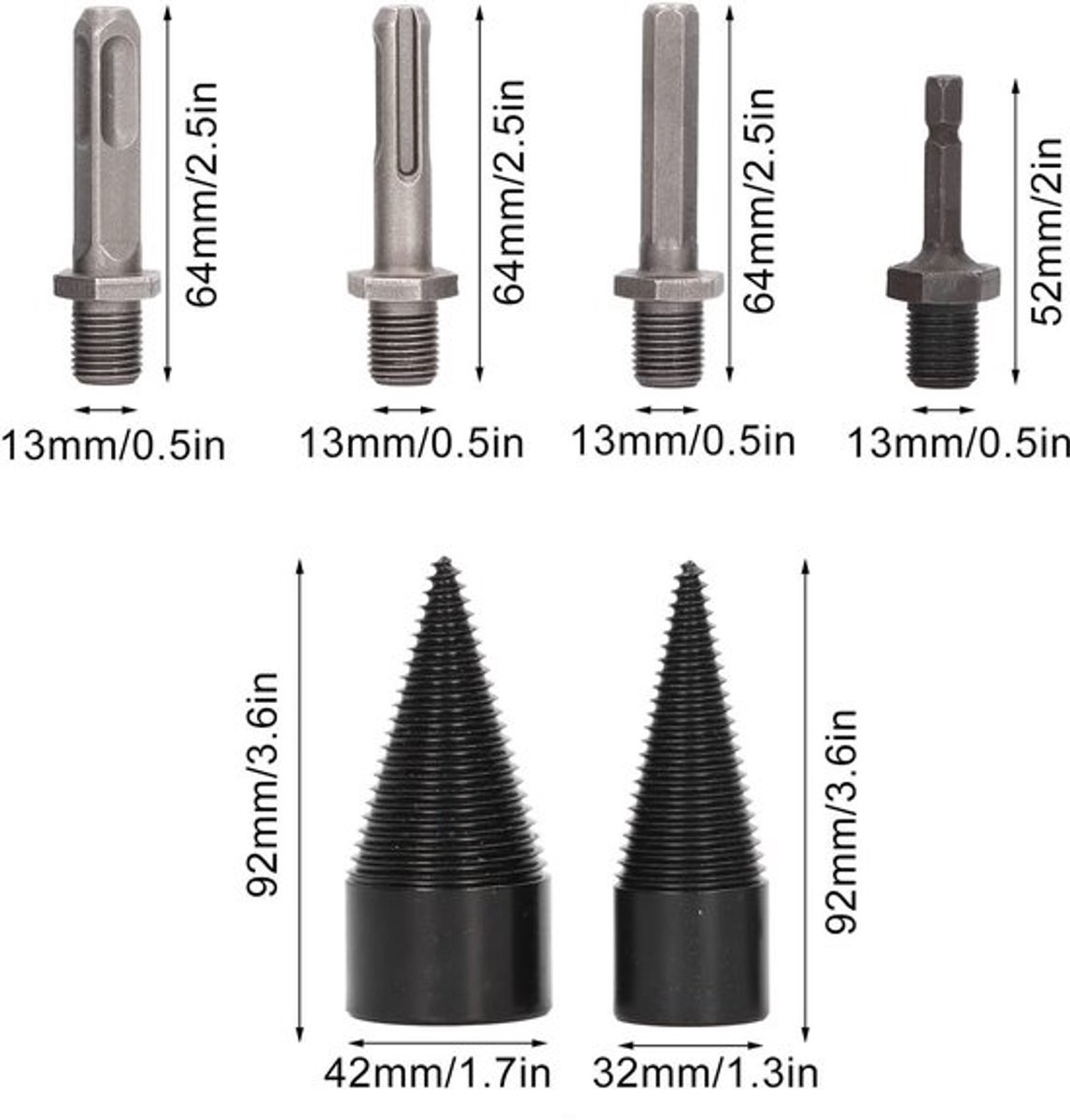 Houtsplijterboor Set van 6 - Koolstofstaal - Diameter 32/42 mm - Inclusief 4 Handgrepen - Stevig en Duurzaam - Geschikt voor Elektrische Boor