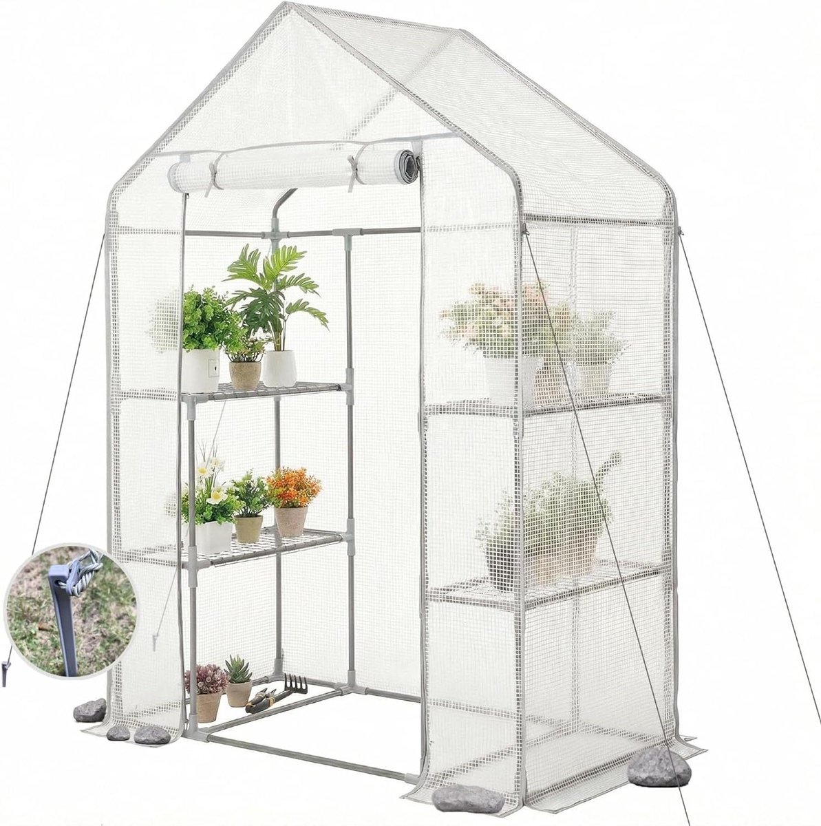 Inloopkas - Tuinkas Schuilplaats - Planten Kweken - Verwijderbare Planken - 55 x 29 x 77 inch - Wit en grijs