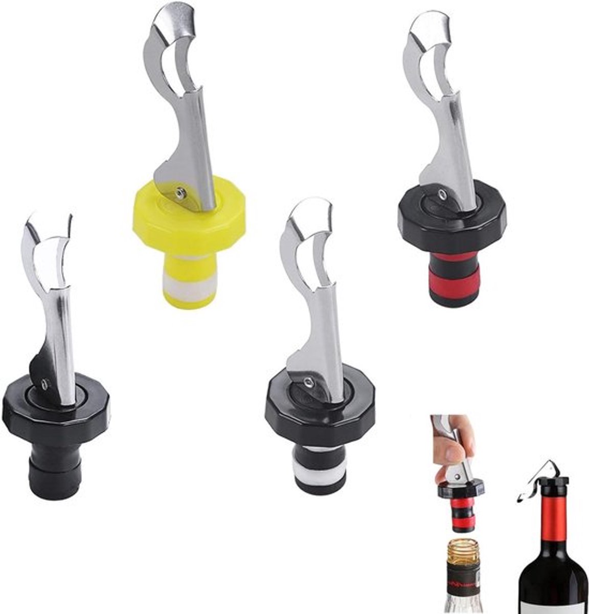 Set van 4 Herbruikbare Vacuüm Wijnpers Stopper voor Wijn en Champagne - Afdichting - Flesstoppers