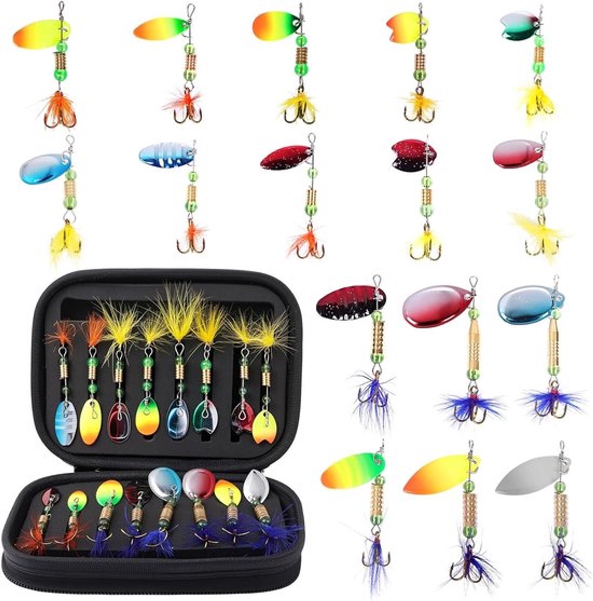 Kunstaas set met 16 stuks spinners en knipperlichten - Vissen met pailletten - Forel, baars, snoekbaars, zalm, snoek, walleye