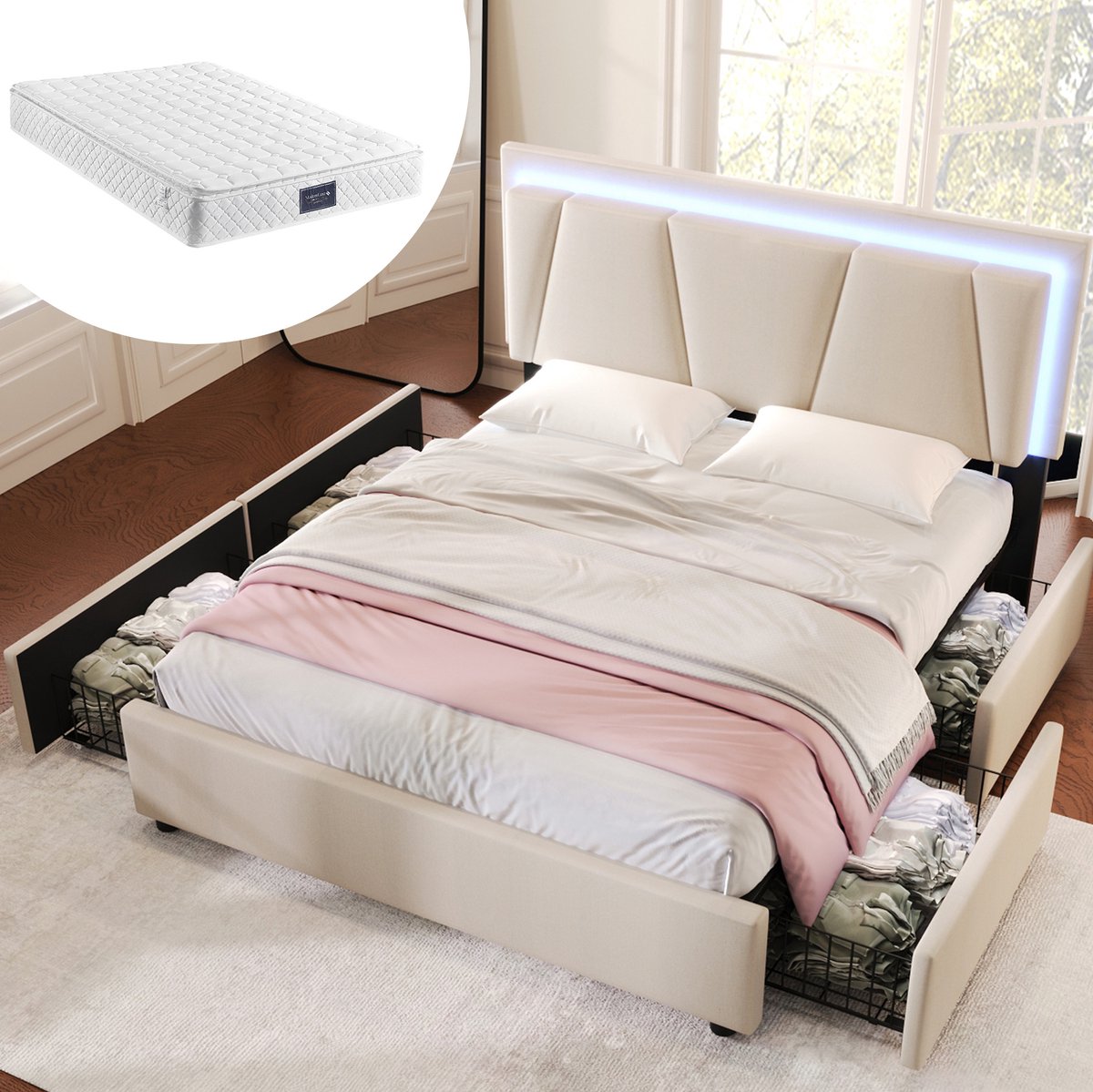MODFU - Bedframe - Ledverlichting - 4 Lades - Verstelbaar Hoofdeinde - Beige - Tweepersoons