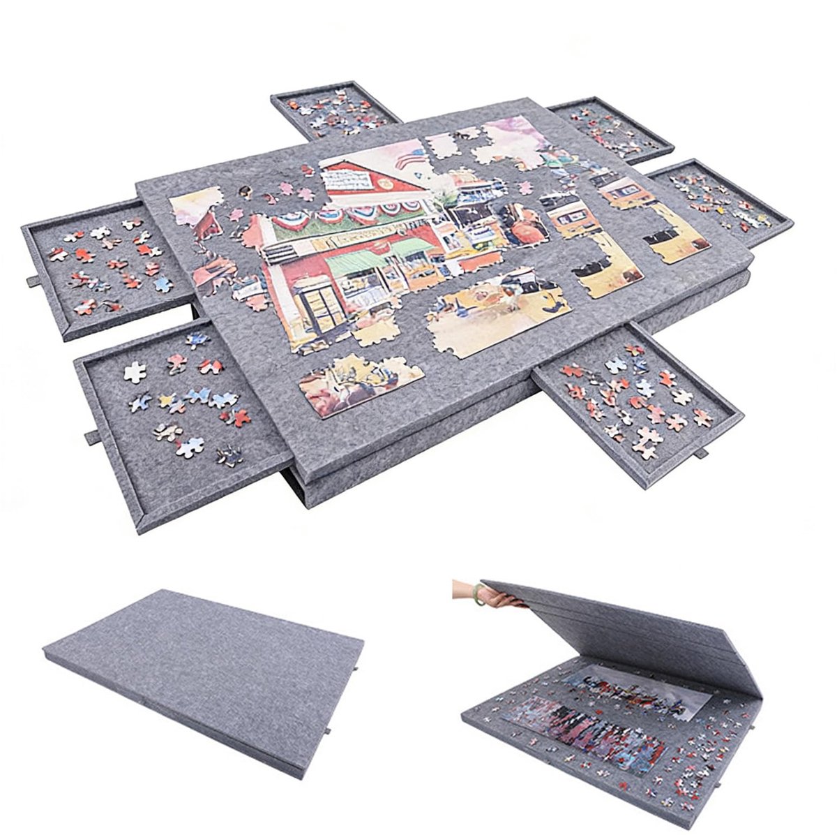 SnelShoppen - Kantelbare Puzzeltafel 1000 Stukjes - Draagbaar Puzzelbord met 6 Laden - Lichte Vilten Puzzeltafel met 2-in-1 Standaard en Afdekking - G
