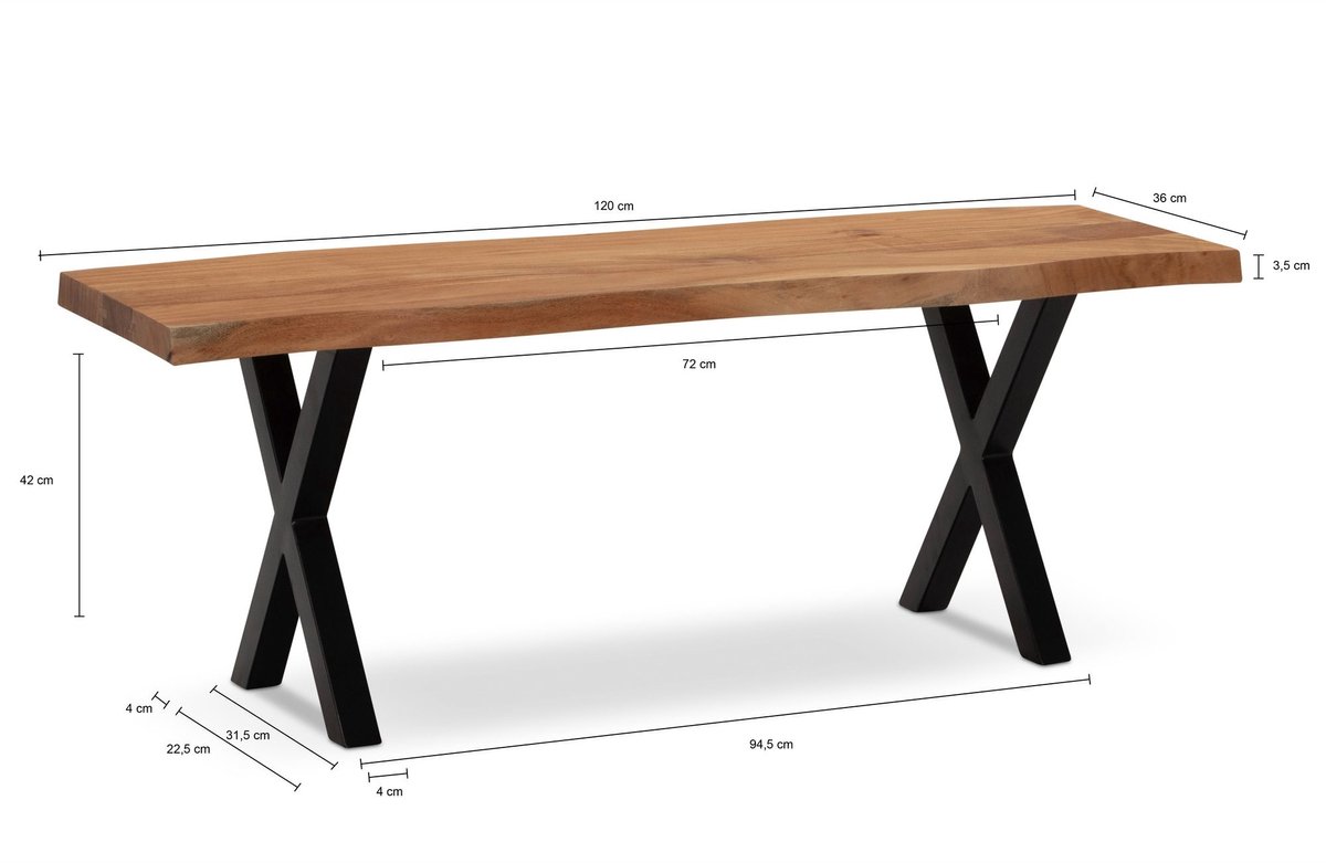 Bank acaciahout zwart X-poten 120 cm - WL7.287