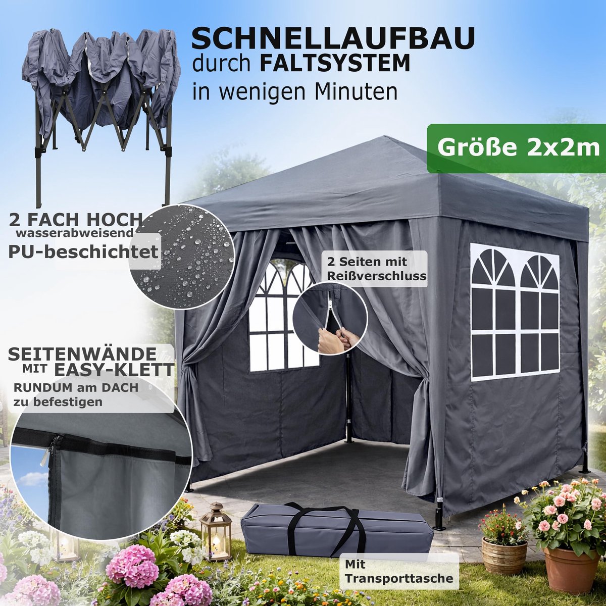 SnelShoppen - Pop-up-paviljoen 2x2 m Smoky Grijs met 4 Easy-Klittenband Zijwanden en Ritssluitingen voor Tuin, Feest, Camping en Evenementen