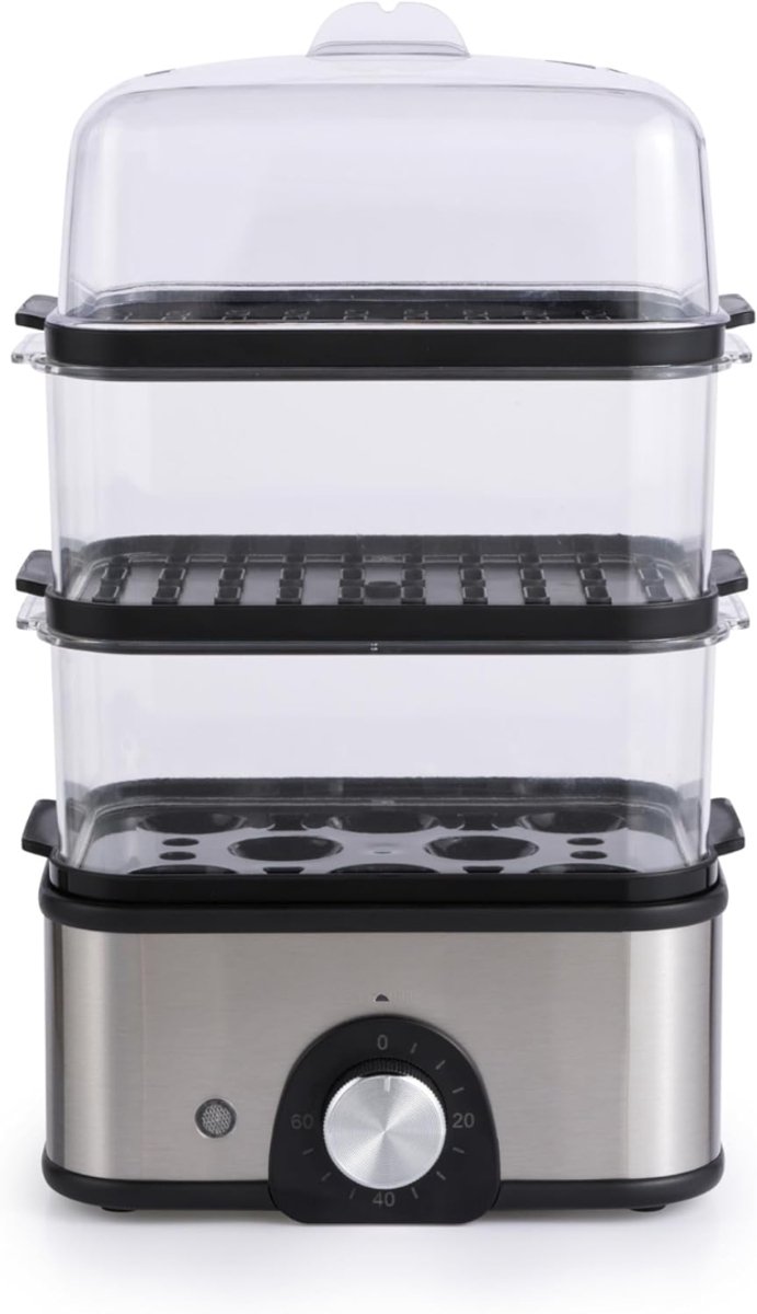 KIRA® Stoomkoker - 3 Stoommanden - Voedselstomer - Elektrische Eikoker - Zilver - 19cm x 15cm x 27cm