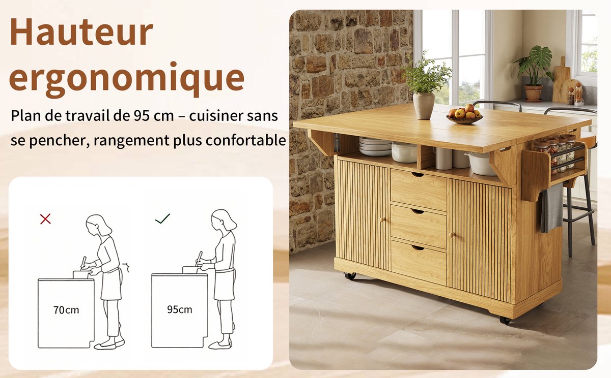 Keuken Eiland - Opklapbaar Met 3 Lades En Wieltjes Met Rem - Ergonomische 95 Cm Werkhoogte Voor Keuken En Eetkamer - MDF En Metaal - Bruin
