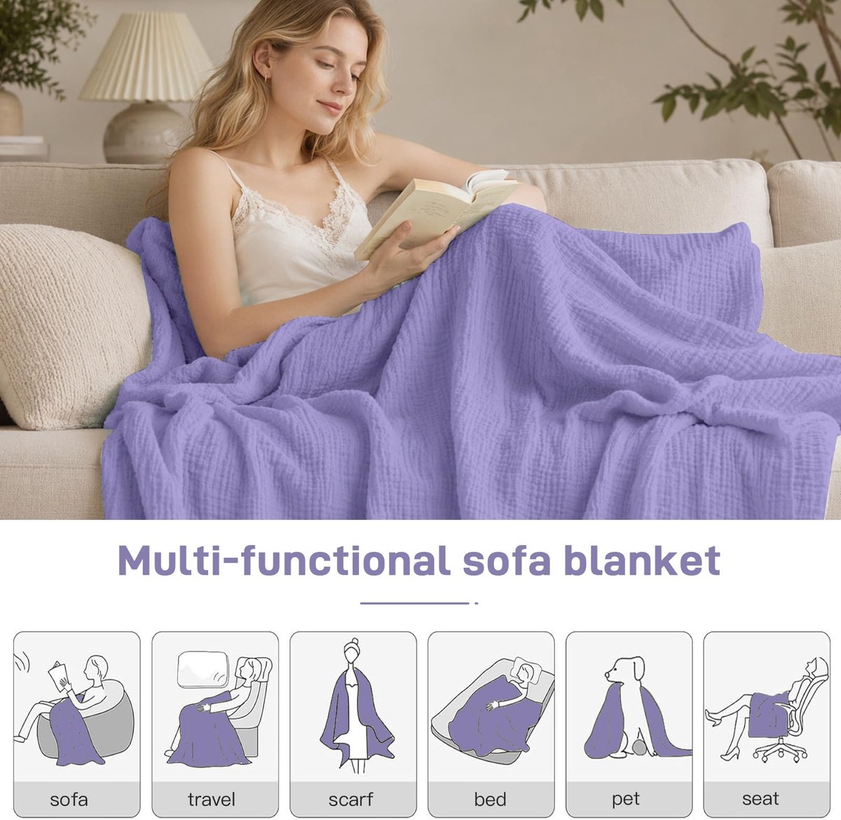 SnelShoppen - Mousseline Deken 150x200 cm - 100% Katoen - 6-Laags Ademend - Zachte Zomerdeken voor Volwassenen - Dunne Knuffeldeken voor Bed en Bank -
