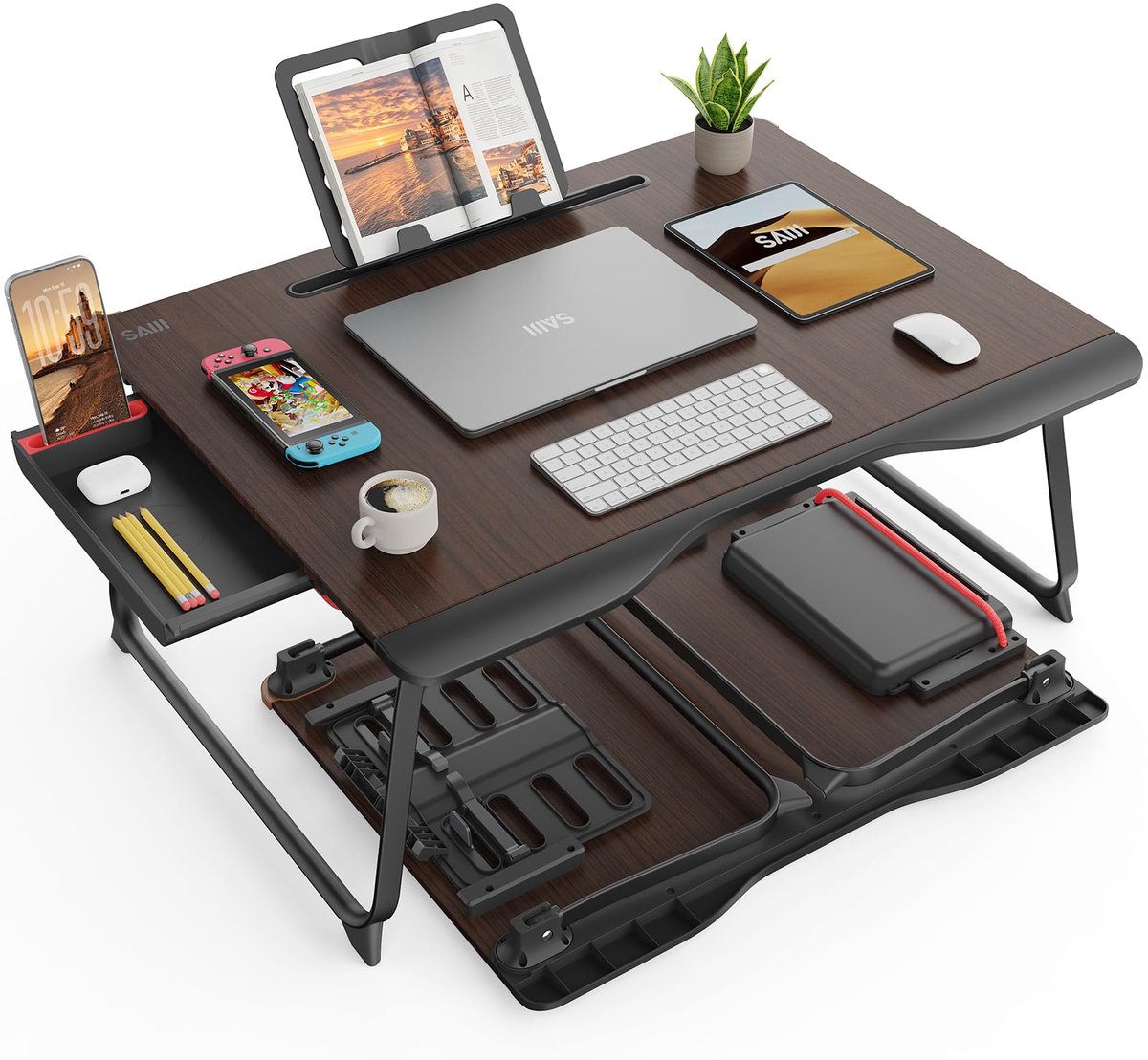 SnelShoppen - Opvouwbare Tafel met Lade, Bedtafel en Laptoptafel, Mobiele Telefoonstandaard, Draagvermogen 40 kg, Comfortabele Rand, Zwart, 65 x 40 cm