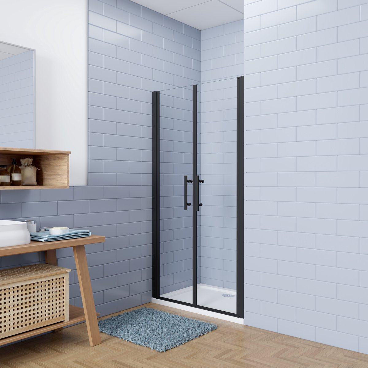 Aica industriële stijl dubbele draaideuren 140x195cm incl. Ultraplatte douchebak 140x76cm incl. sifon - 6mm gehard veiligheidsglas easyclean - mat zwarte aluminium Profiel