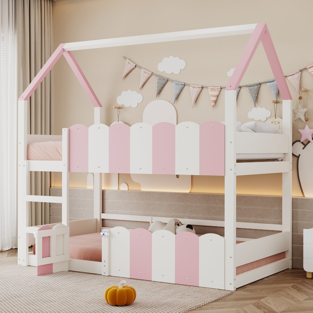COVREO Kinder stapelbed met huisvormig ontwerp – 90x200 cm – Hoogslaper voor slaapkamer en speelhoek – met veiligheidshek en klapdeur – Wit en roze - zonder matras