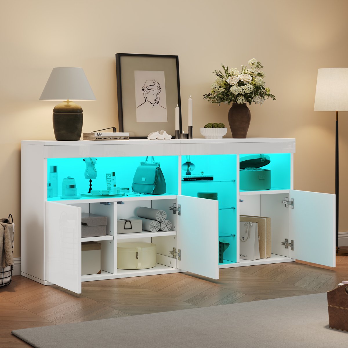 COVREO Sideboard 155,5x35x72 cm wit - 3 deuren met glas - hoogglans afwerking - met LED-verlichting - griffloos - opbergkast voor woonkamer of eetkamer
