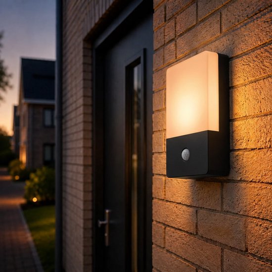 Moderne zwarte wandlamp met een rechthoekige, melkwitte kap. De lamp is bevestigd aan een bakstenen muur naast een donkere deur.