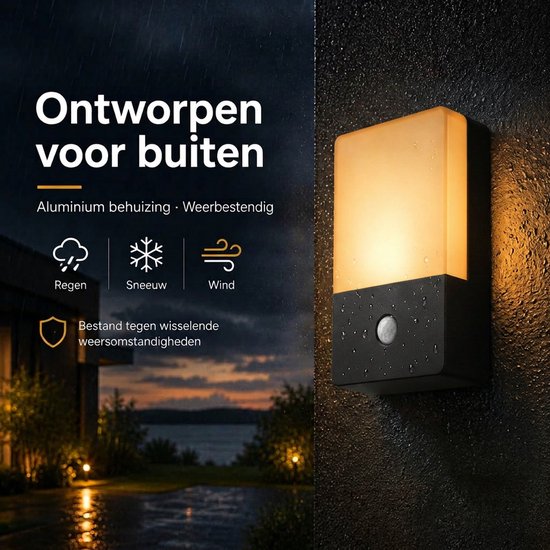 Zwarte buitenlamp met bewegingssensor op een bakstenen muur. De tekst 'Ontworpen voor buiten' en iconen voor regen, sneeuw en wind staan links.
