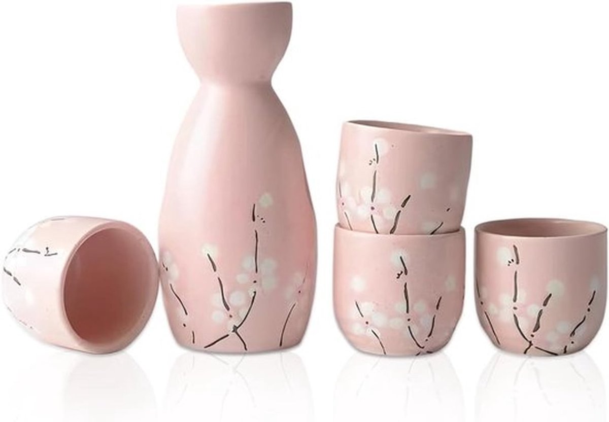 Sake-set - 5-delig - handbeschilderd - Japanse kersenbloesem - kopjes - warme wijnkan - Traditionele leaks - wijnglazen - ambachten - cadeau (roze)