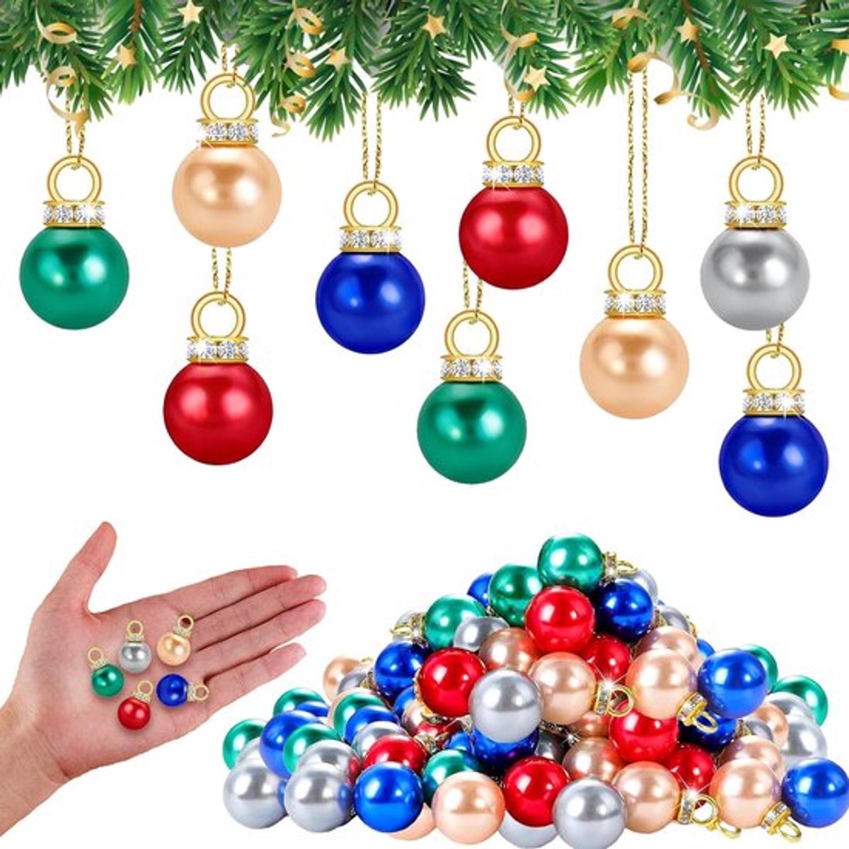 Pack van 100 Glitter Kerstballen - Kleurrijke Mini Kerstballen met Gouden Draad - Imitatie Parels - Kerstversieringen voor DIY - Diameter 1.5 cm