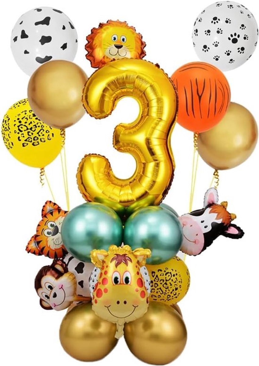 Verjaardagsdecoratie - 24 stuks - ballonnen voor jongens en meisjes - jungle thema - 3 jaar - dieren ballonnen - verjaardag versiering