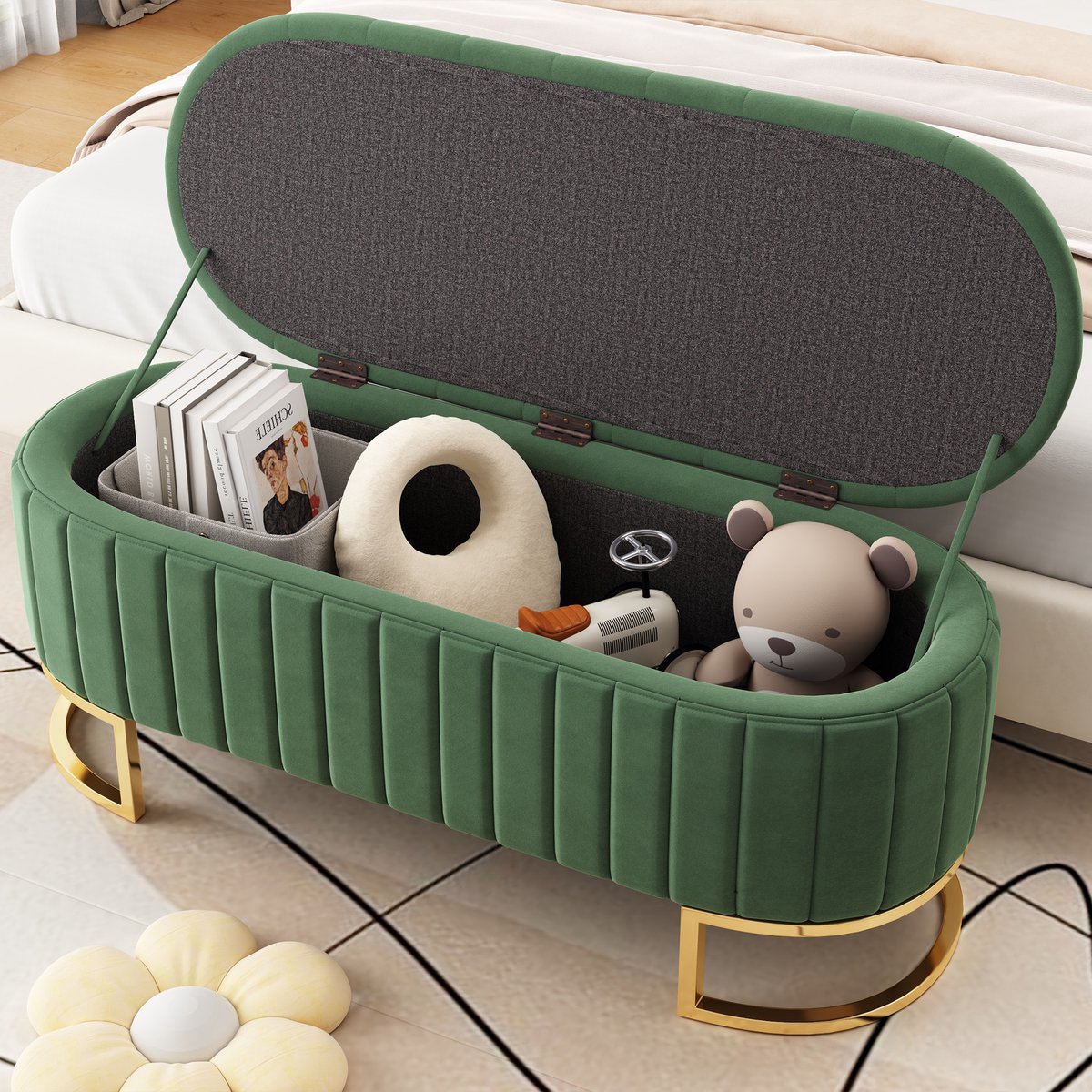 COVREO Opberg hocker 120 x 39,9 x 43 cm groen fluweel, met opbergruimte