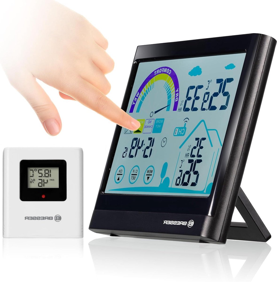 Touchscreen weerstation - Thermo-hygrometer binnen/buiten - Binnenklimaat monitoren - Actieve ventilatieaanbeveling - 15 cm schermdiagonaal - Zwart