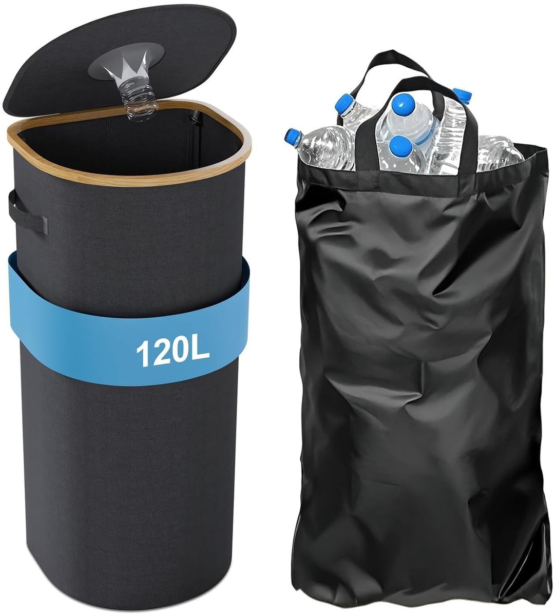 Grote Recycleerbak met Deksel - Zwart - 120L - Opvouwbare Mand voor Vuile Was - Voor Binnen en Buiten